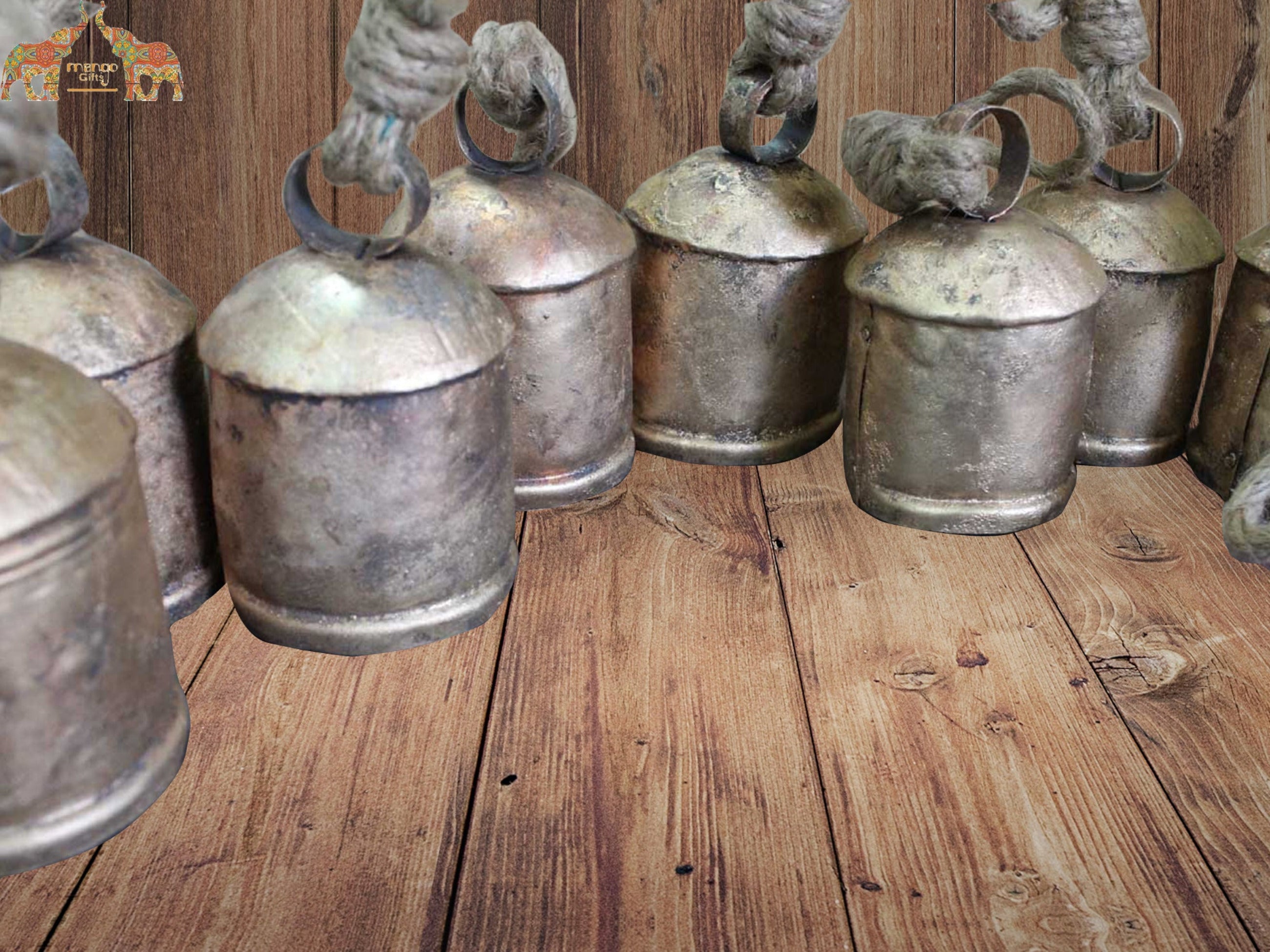 Recycled Iron Tin Bells Cow Bells Rustic Jute Rope Handmade Bells Chimes Wholesale supply Indian Metal Handicrafts